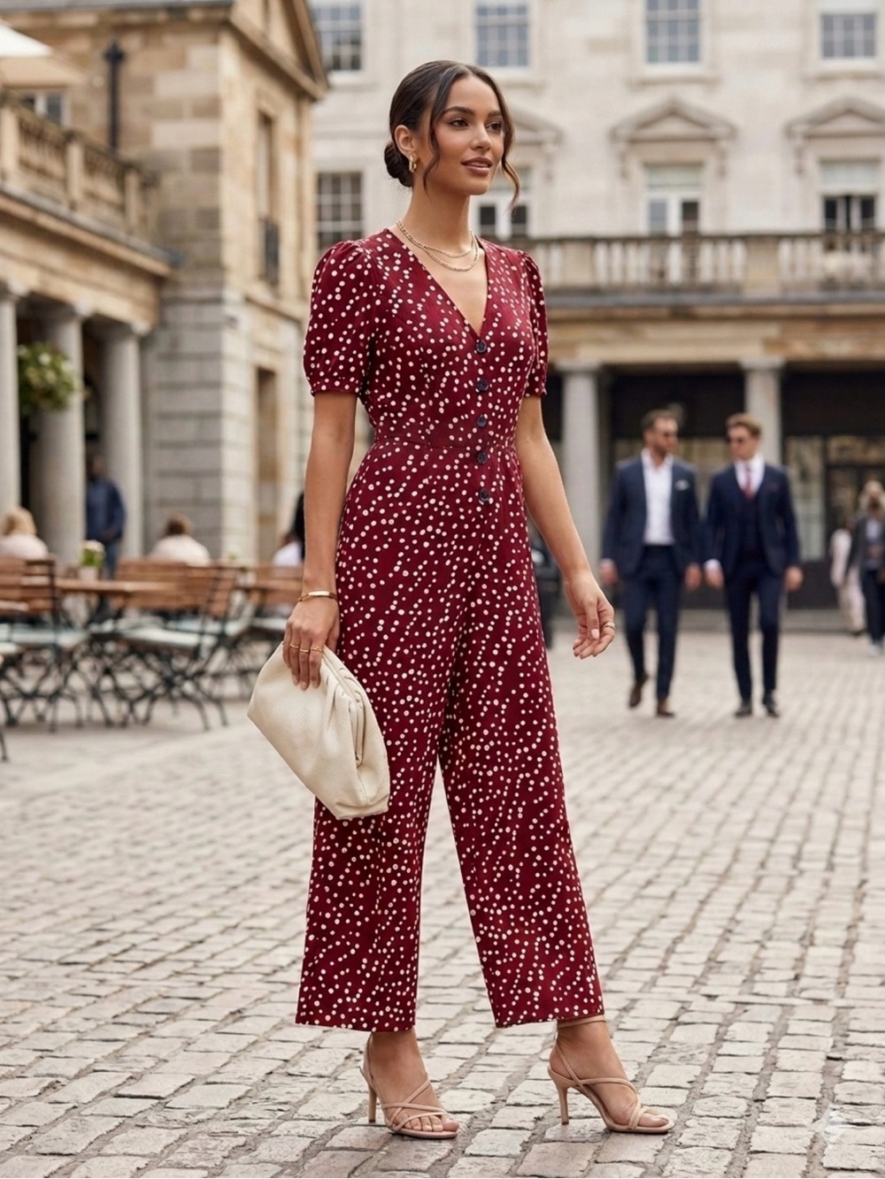 Hayden Los Angeles V-Neck Burgundy Polka Dot Button-Front Jumpsuit